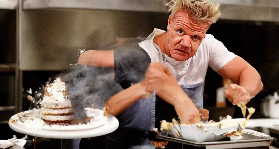 Image similar to photo of angry furious Gordon Ramsay smashing a cake in Gordon Ramsay's face at the kitchen