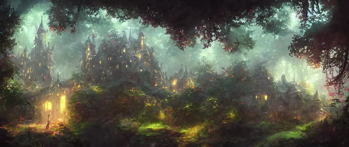 Image similar to magical castle in the forest behind a garden, concept art, digital painting, style of jordan grimmer, warm lighting, futuristic, volumetric lighting, view from below, vivid colours, bright, daytime, godrays, high detail