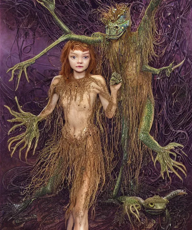 Prompt: a portrait photograph of a fierce sadie sink as an alien harpy queen with slimy amphibian skin. she is trying on evil bulbous slimy organic membrane parasitic fetish fashion and transforming into an werewolf insectoid amphibian. by donato giancola, walton ford, ernst haeckel, brian froud, hr giger. 8 k, cgsociety