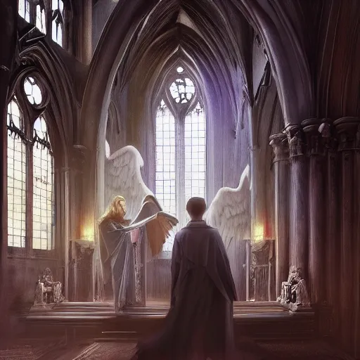 Image similar to angel protecting man who is praying inside a gothic church by Stanley Artgerm Lau, WLOP, Rossdraws, James Jean, Andrei Riabovitchev, Marc Simonetti, Yoshitaka Amano, ArtStation, CGSociety
