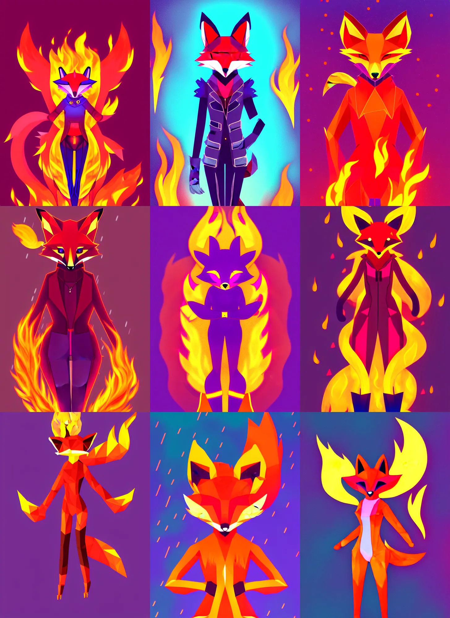 Prompt: aesthetic fox fursona portrait, commission of a female anthropomorphic fox on fire, fursona wearing cyberpunk stylish clothes standing in flames, city at night in the rain, simple art, low poly