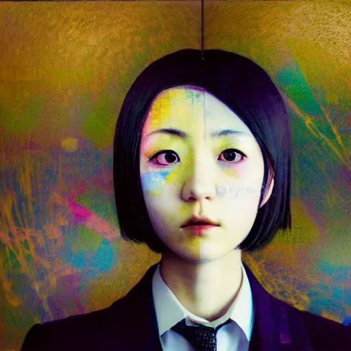 Image similar to yoshitaka amano blurred and dreamy realistic three quarter angle portrait of a young woman with short hair and black eyes wearing office suit with tie, junji ito abstract patterns in the background, satoshi kon anime, noisy film grain effect, highly detailed, renaissance oil painting, weird portrait angle, blurred lost edges