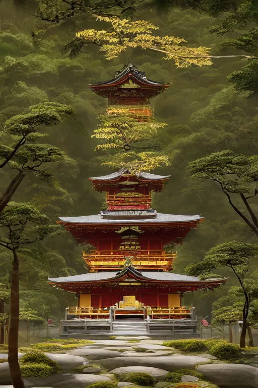 Image similar to Japanese Buddhist temple in the middle of a forest of bonsai and bamboo, powerfull, intricate, elegant, volumetric lighting, digital painting, highly detailed, artstation, sharp focus, illustration, concept art, ruan jia, steve mccurry