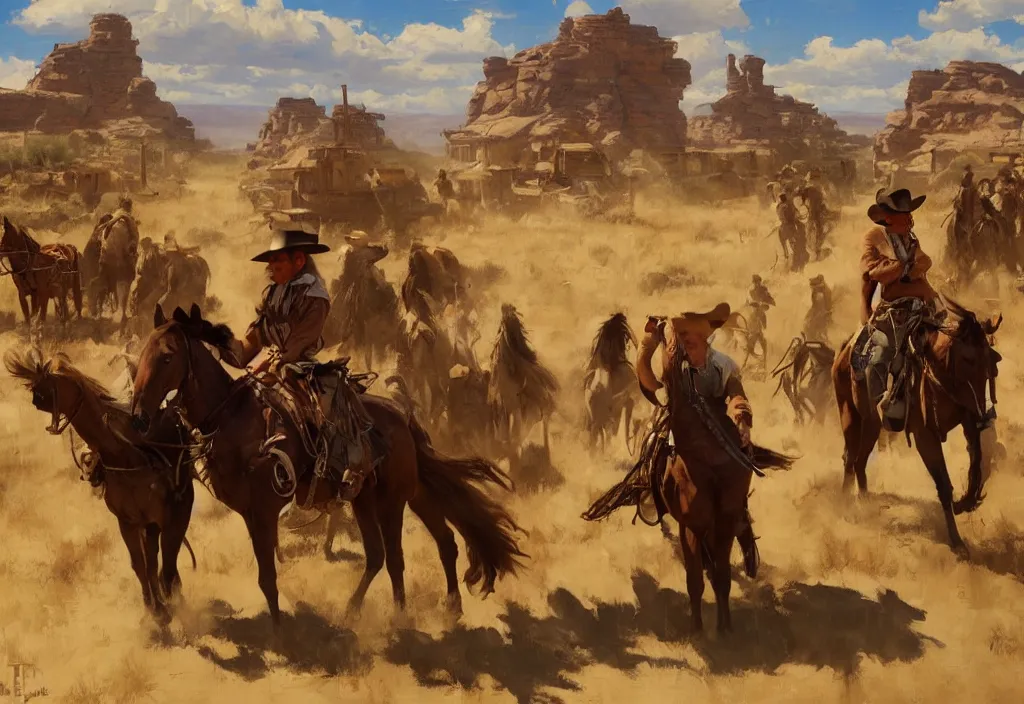 Prompt: greg manchess painting of a wild west abandoned cheyenne town landscape with any person or horse in the painting only buildings in the year 1 8 5 0, nobody living there, painting, trending on artstation, by huang guangjian and gil elvgren and sachin teng