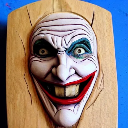 Image similar to The Joker carved in wood