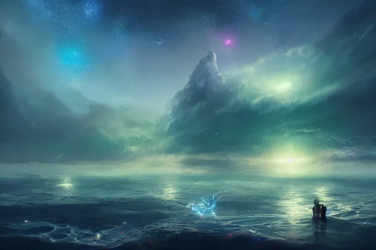 Prompt: the night sky is an upside down ocean, the stars are fish in the depths, the night sky is a sea, distant nebula are glowing algae fantasy painting by jessica rossier