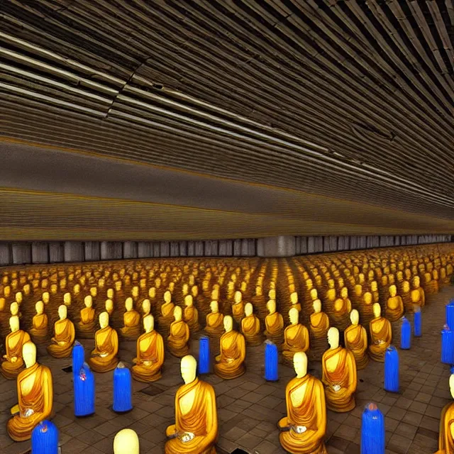 Image similar to a beautiful painting the subway station is full of hundreds of buddhas, by ultra detailed, hyper realistic, volumetric lighting render