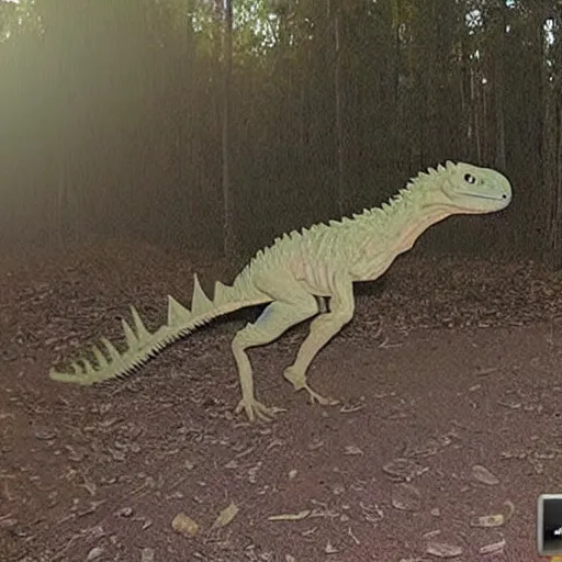 Prompt: a scary velociraptor caught on trailcam nightvision footage camera