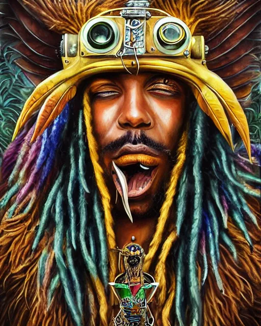 Prompt: rastafarian lizard man with eagle wings and a lion's mane, he weilds a steampunk crossbow and smokes a long large spliff cigar. smug boss face. wild eyes. noble bearing. award winning ornate symmetry matte portrait, artgerm, rhads watercolor, fierce sweet sad and lyrical