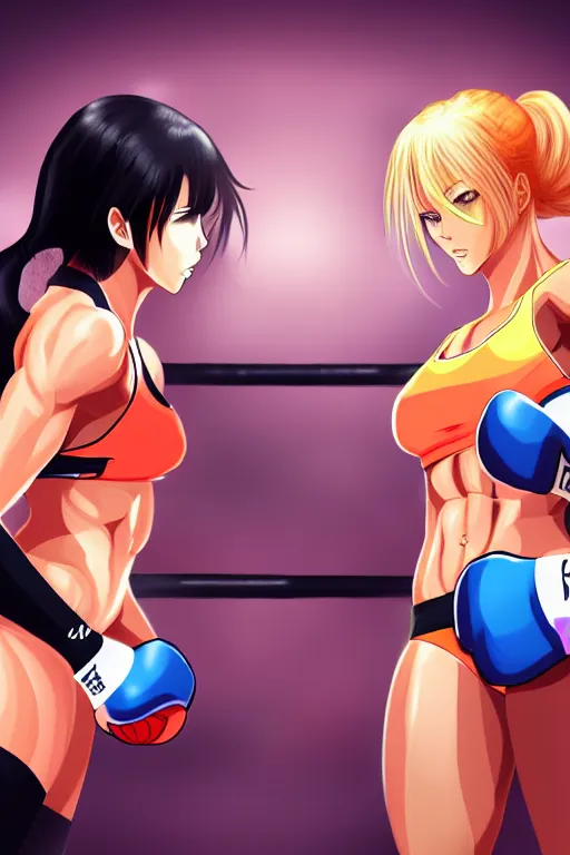 Image similar to two beautiful female fighters facing each other in the gym, dim lighting, gorgeous features, high definition, sharp focus, detailed digital anime art