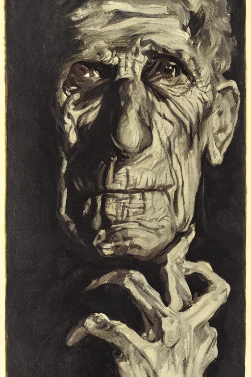 Image similar to menacing portrait of Samuel Beckett emerging from the dark void, figure in the darkness, painted by Eugène Delacroix, John Singer Sargent, Adrian Ghenie, Francis Bacon,