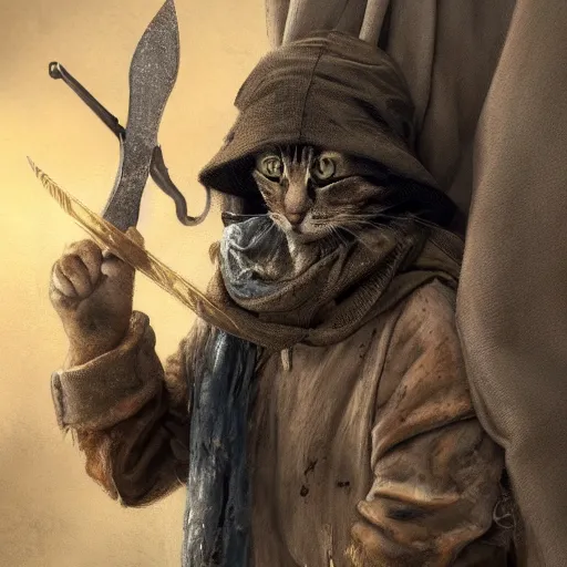 Image similar to a high detail shot of a dirty, homeless humanoid cat wearing rags, holstering sword, realism, 8 k, fantasy, d & d, concept art