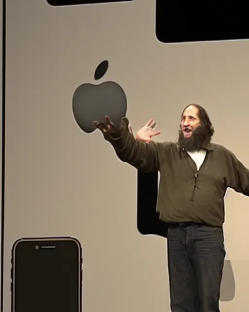 Image similar to Richard Stallman as Steve Jobs demonstrating the new iPhone during Apple keynote presentation