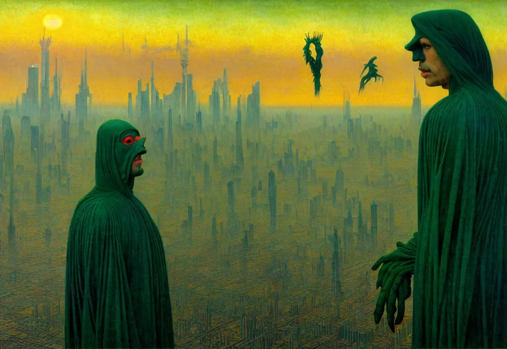 Prompt: realistic detailed portrait movie shot of a birdman wearing dark green ragged robes, futuristic city sunrise landscape background by denis villeneuve, jean delville, yves tanguy, alphonse mucha, ernst haeckel, max ernst, roger dean, rich moody colours, ethereal, closeup