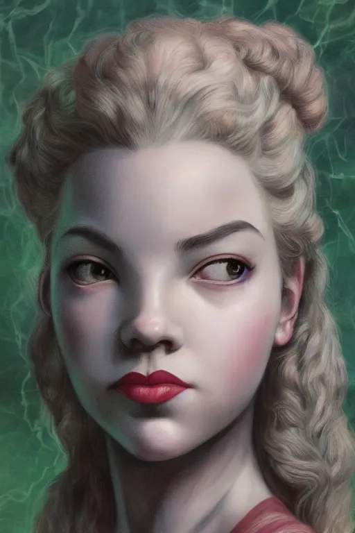 Image similar to A fantasy comic book style portrait painting of Anya Taylor-Joy, hybrid, Diana Dors, as an Atlantean Reptilian Warrior, François Boucher, Oil Painting, Mystical Valkyrie, unreal 5, DAZ, hyperrealistic, octane render, Regal, Refined, Detailed Digital Art, RPG portrait, William-Adolphe Bouguereau, Michael Cheval, Walt Disney (1937), Steampunk, dynamic lighting, Highly Detailed, Cinematic Lighting, Unreal Engine, 8k, HD