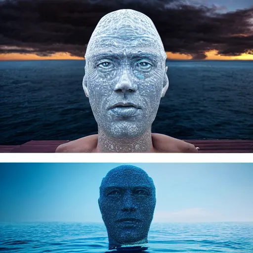 Image similar to a water sculpture in the shape of a human head, on the ocean water, cinematic, in the style of johnson tsang, long shot, hyper detailed, hyper realistic, ray tracing, 8 k resolution, sharp focus, realistic water, award winning