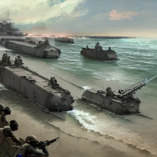 Image similar to landing crafts reaching the beaches of normandy amidst gunfire, highly detailed, digital painting, concept art, sharp focus, by makoto shinkai