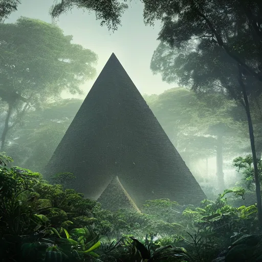 Prompt: pyramid deep in an overgrown jungle::2 ruins, overgrown, dark jungle, limestone, mystical lights, octane render, cinematic lighting, epic, style of John Howe, Tolkien