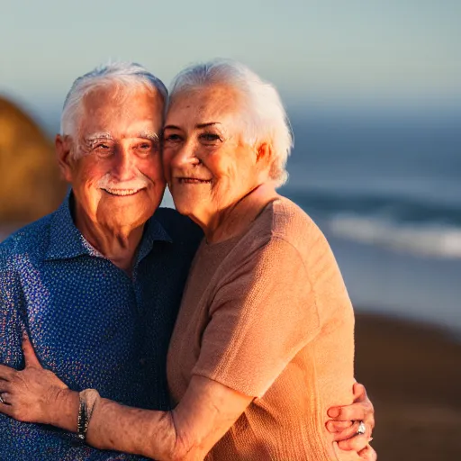Prompt: a beautiful portrait photo of an older couple in love, beautiful detailed eyes, emotional, faded rainbow, golden hour in pismo California, outdoors, professional award winning portrait photography, Zeiss 150mm f/2.8