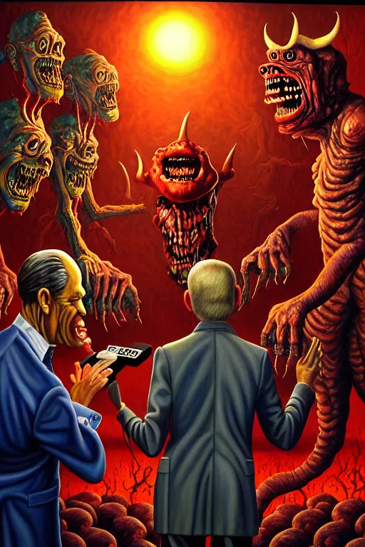 Prompt: a hyperrealistic painting of a news reporter interviewing monsters at the gates of hell, cinematic horror by jimmy alonzo, the art of skinner, chris cunningham, lisa frank, richard corben, highly detailed, vivid color,