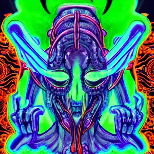 Image similar to 4 k stylized neon headshot of godlike cthulhu with defined arms and open hands and bloody clothes with giant mandala wings, intricate face, flawless anime cel animation by kentaro miura, psychedelic, highly detailed upper body, professionally post - processed, beautiful, scary, symmetry accurate features, epic, octane rendered, anime masterpiece, accurate