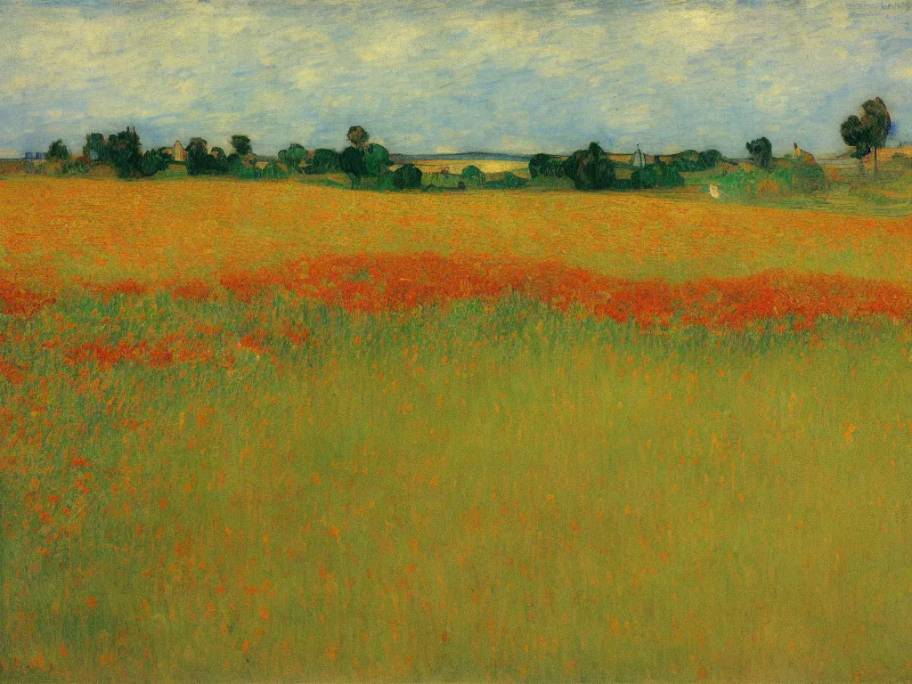 Image similar to an impressionist landscape depicting a field of tulips and rolling hills by ramon casas, edgar degas and van gogh