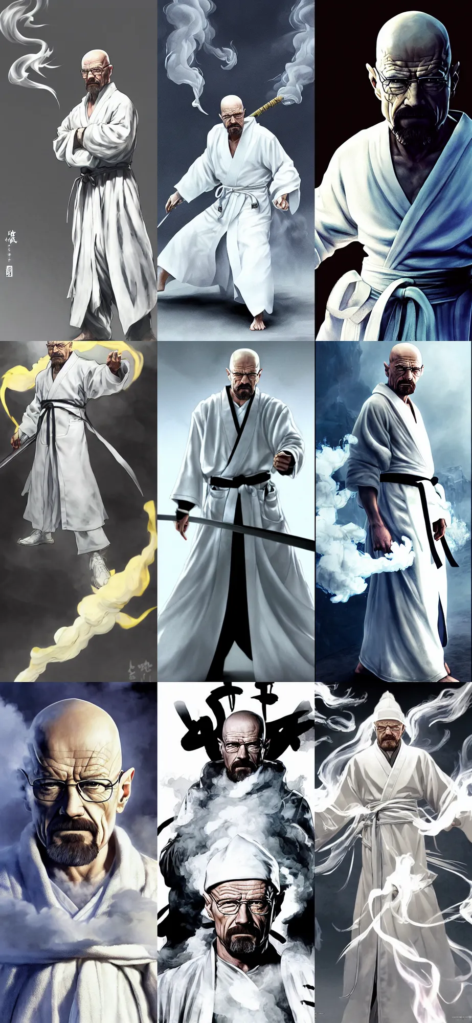 Prompt: Epic Concept art of grandmaster walter white in a one-piece white robe, bald head and white beard, surrounded by white smoke, smoky, full body wuxia, Wudang Swordmanship by Chen Uen, art by Yoji Shinkawa, 4k