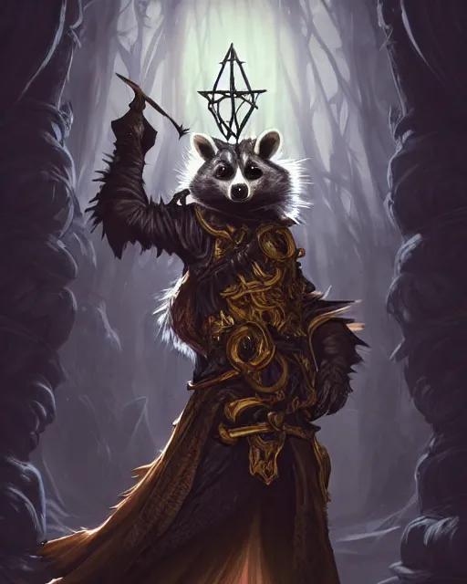 Image similar to anthropomorphic royal warlock raccoon casting a spell in a dungeon, dark souls, d & d, fantasy, intricate, action pose, elegant, highly detailed, digital painting, artstation, concept art, matte, sharp focus, illustration, hearthstone, art by artgerm, wlop, greg rutkowski and alphonse mucha