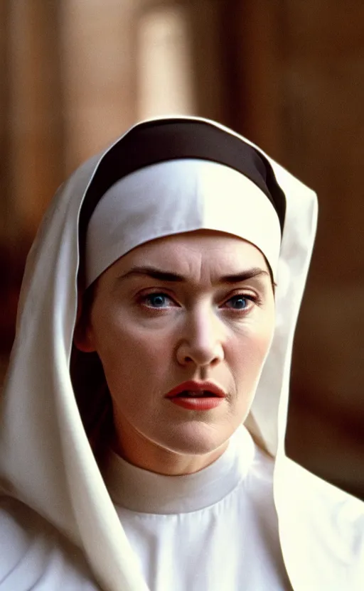 Image similar to kate winslet as a nun in her childhood days, intricate, cinematic lighting, highly detailed, canon 3 5 mm photography, horizontal symmetry, smooth, sharp focus