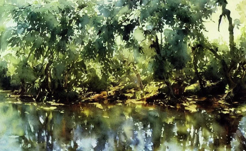 Image similar to watercolor lanscape by anders zorn, jungle nature, fruit trees, very very very very beautiful art, dramatic light, water reflections, aquarelle paint splashes and drips, drops