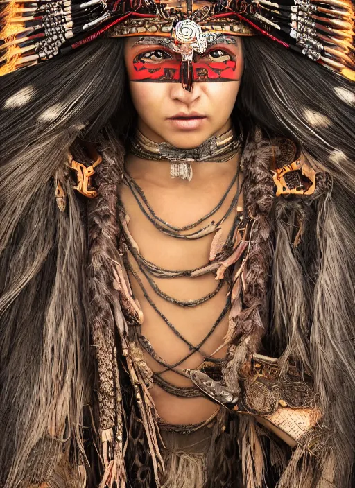 Image similar to hyper detailed image of an Redskin warrior princess wearing a headdress, intricate, elegant, long black hair, hd, 8k, muted colors,