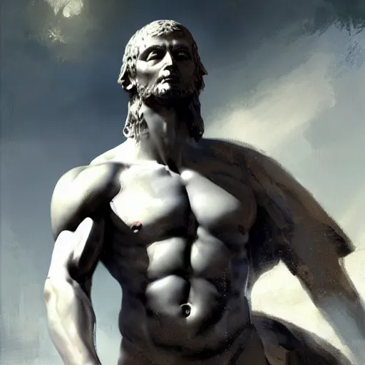 Image similar to vladimir putin as a greek god, by greg rutkowski