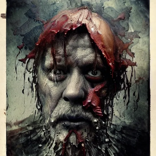 Image similar to collodion process photography of mutant fishman sailor old man with gills and scales creatures from the deep ocean by emil melmoth zdzislaw beksinki craig mullins yoji shinkawa realistic render ominous detailed photo atmospheric by jeremy mann francis bacon and agnes cecile ink drips paint smears digital glitches glitchart