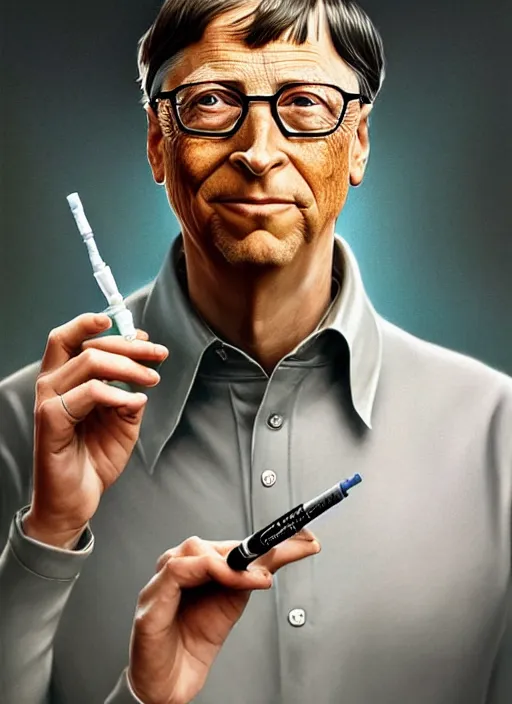 Prompt: bill gates with reptile eyes!!!, vertical reptile pupil!!!, lizard skin!!!, holding a syringe!!, portrait, intricate, elegant, highly detailed, digital painting, artstation, concept art, wallpaper, smooth, sharp focus, illustration, art by artgerm and greg rutkowski and alphonse mucha