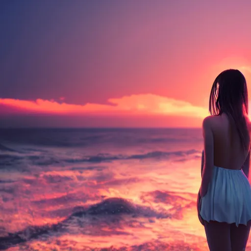 Prompt: beautiful photograph of a young woman praying by the pacific ocean, sunrise, birds, epic, cinematic lighting, dramatic angle, 8k hdr pixiv dslr photo by Makoto Shinkai and Wojtek Fus