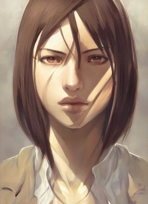 Prompt: a professional painting of Mikasa Ackerman, olive skin, beautiful bone structure, symmetrical facial features, intricate, elegant, digital painting, concept art, smooth, sharp focus, illustration, from Attack on titan, art style by Ruan Jia and Mandy Jurgens and Artgerm and William-Adolphe Bouguerea