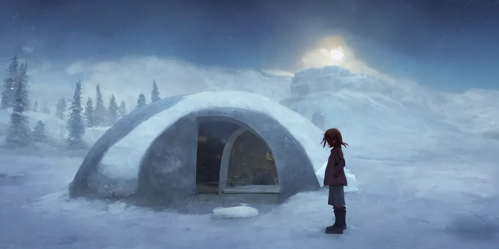 Image similar to young girl back to us in front of an igloo in the tundra, mysterious matte painting by makoto shinkai and craig mullins, trending on artstation