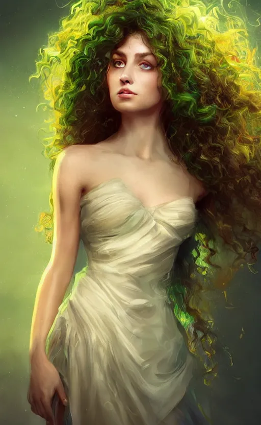 Image similar to a young woman with wild, curly hair and bright green eyes. she's wearing a flowing dress made of light, airy fabric and she has a mischievous look on her face, dynamic lighting, photorealistic fantasy concept art, trending on art station, stunning visuals, creative, cinematic, ultra detailed