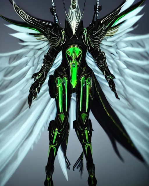 Prompt: tall, attractive twisted sister wearing white dove wings, warframe armor, regal, attractive, ornate, sultry, sexy, beautiful, elize theron, pretty face, green eyes, scifi platform, 4 k, ultra realistic, epic lighting, illuminated, cinematic, black gold, art by akihito tsukushi, voidstar