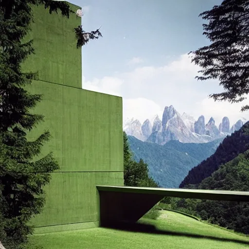 Image similar to lush and beautiful green mountain landscape, with a brutalist futuristic building, architecture, unpainted concrete, swiss alps, dolomites, by aalto alvar, by ando tadao, by chipperfield david, frank lloyd wright, by peter zumthor