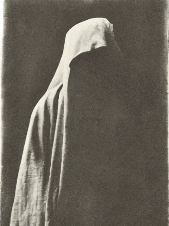 Prompt: portrait of faceless grim reaper with covered face and bright glowing eyes, ww1 photo, grainy, high detail, high resolution,