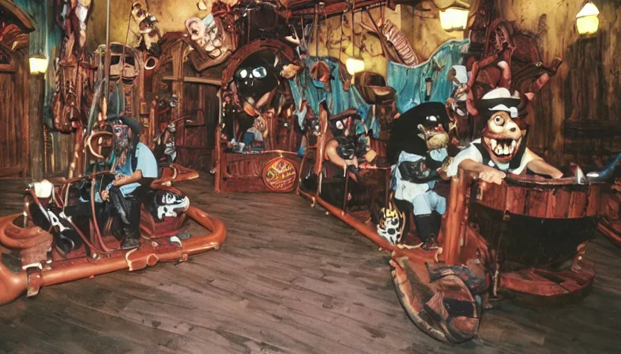 Prompt: 1990s photo of inside the Dogboy's Pirate Adventures ride ride at Universal Studios in Orlando, Florida, riding an animatronic dog through a Pirate village , cinematic, UHD