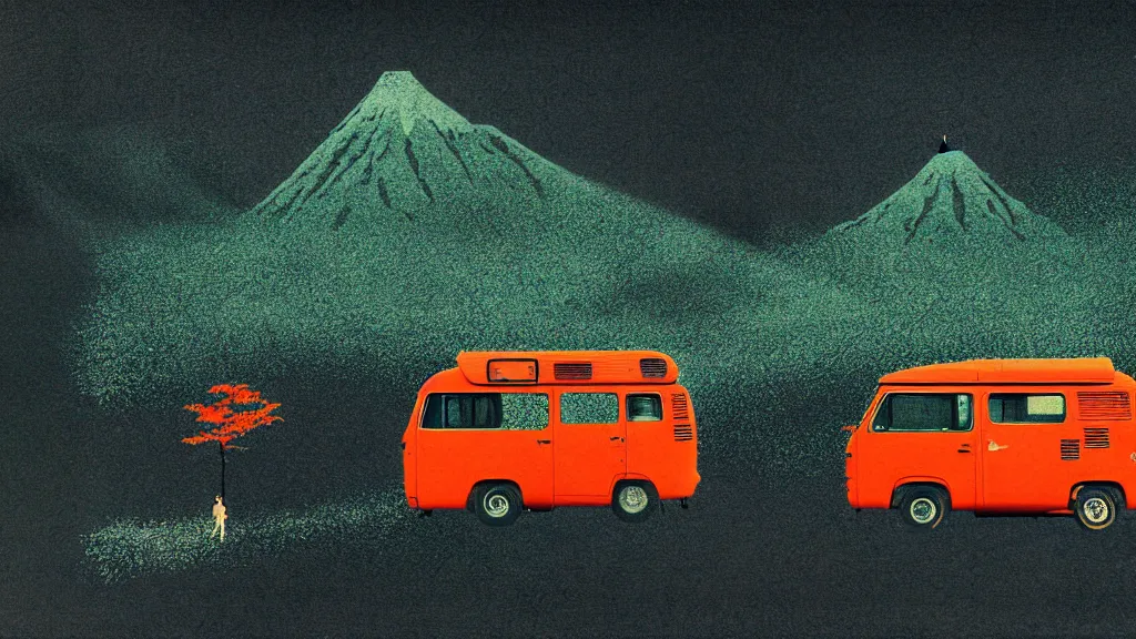 Prompt: japan various natural splendor and rural wonders, camper touring, a collage painting, in the style of wes anderson, lola dupre, david hockney, isolated on negative space background dark monochrome neon spraypaint accents volumetric octane render