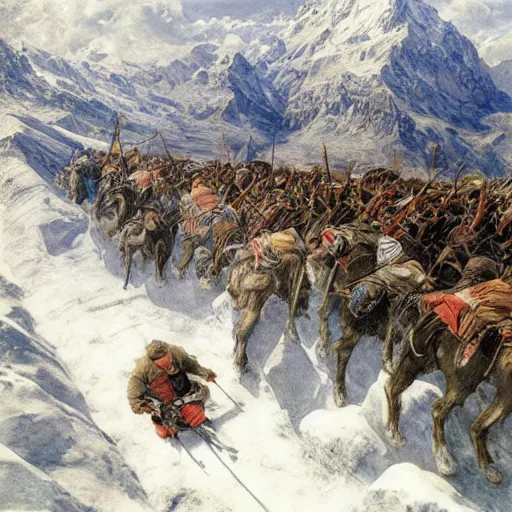 Image similar to carthaginians crossing the alps, alan lee