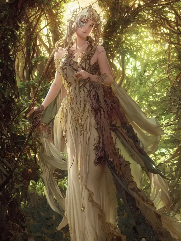 Image similar to anime key visual of amora the enchantress wearing a medieval gown!! intricate, magical forest, stunning, highly detailed, digital painting, artstation, smooth, hard focus, illustration, art by artgerm and greg rutkowski and alphonse mucha