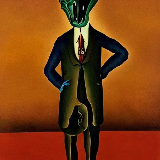 Prompt: A portrait of a humanoid dinosaur wearing a suit, eerie, by Salvador Dali