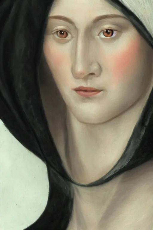 Image similar to hyper - realistic close - up portrait of a medieval woman, pale skin, in a black silk robe, in the сaravaggio style