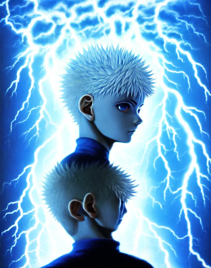 Prompt: killua zoldyck made by zdzisław beksinski, thunderstorm, lighting, blue, pose, 8 k, detailed, high quality, 8 k, detailed face, spiky hair, light, face with detail, white hair