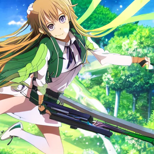 Image similar to anime key visual of a girl with a green outfit green hair and green eyes fascinated by a green paradise ; official media ; 4 k hd ; high quality ; in the rising of the shield hero ( 2 0 1 9 ), apex legends,