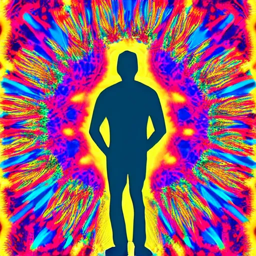 Prompt: silhouette of man, facing a bright blue evil spirit, psychedelic, 8K digital art, award winning